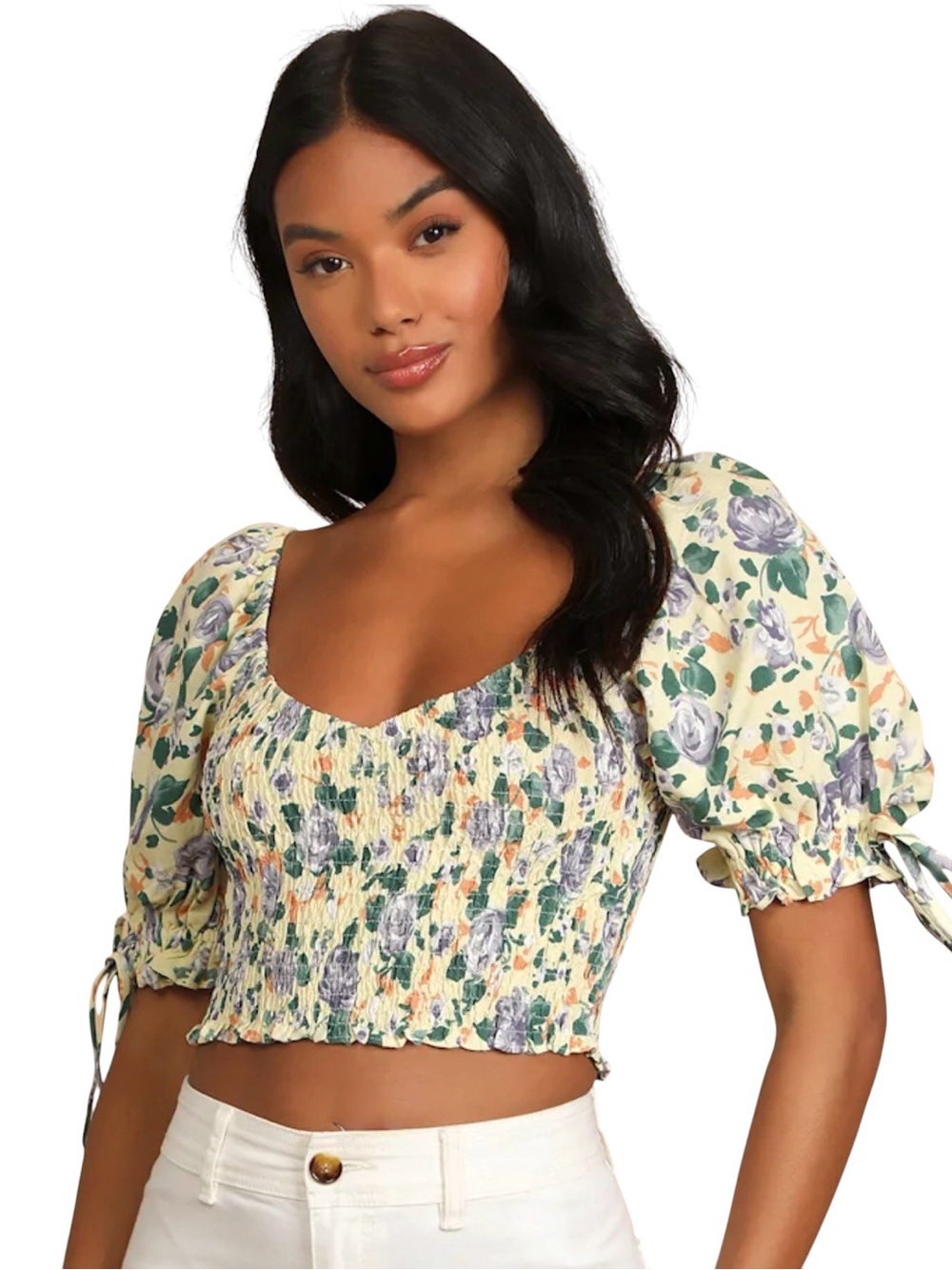 NWT Emory Park Floral Print Smocked Crop Top size Large Puff Sleeve Sweetheart